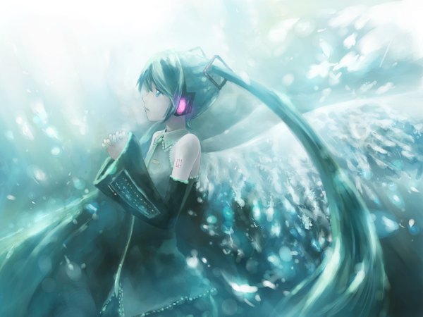 Anime picture 1200x900 with vocaloid hatsune miku isou nagi single long hair twintails profile aqua eyes aqua hair hands clasped interlocked fingers girl detached sleeves wings