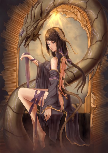 Anime picture 3307x4677 with original sunday-zjy single long hair tall image looking at viewer highres black hair sitting absurdres horn (horns) black eyes fantasy girl dress detached sleeves dragon