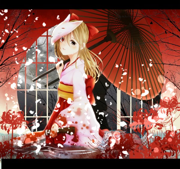 Anime picture 1500x1414 with vocaloid kagamine rin n (nico ed) single long hair looking at viewer blonde hair traditional clothes japanese clothes heterochromia mask on head girl flower (flowers) bow hair bow petals kimono umbrella obi mask