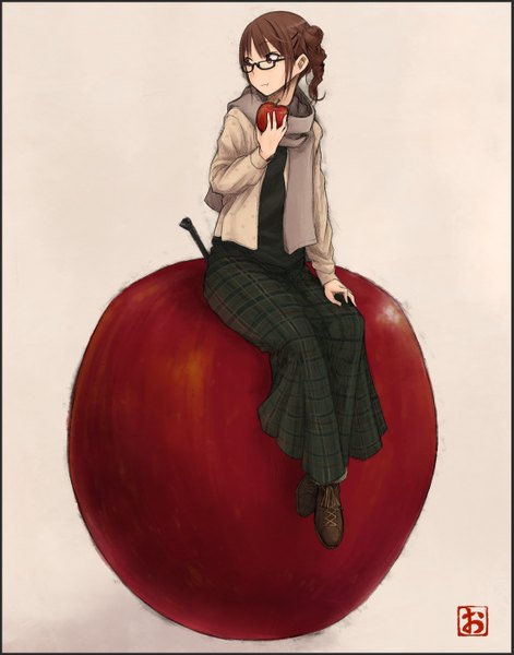 Anime picture 1100x1400 with original okiru (artist) single long hair tall image simple background brown hair sitting brown eyes looking away full body ponytail text side ponytail eating girl skirt hair ornament glasses food