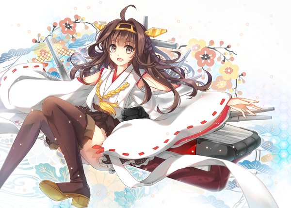 Anime picture 1200x859 with kantai collection kongou battleship ceru single long hair looking at viewer fringe open mouth simple background smile brown hair white background brown eyes ahoge bent knee (knees) blunt bangs traditional clothes japanese clothes wide sleeves high heels