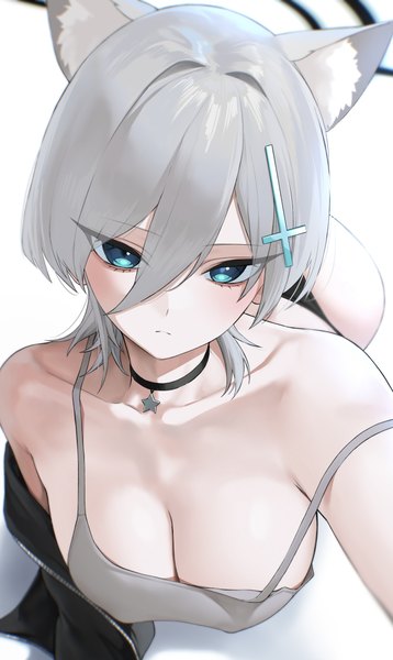 Anime picture 1497x2506 with blue archive shiroko (blue archive) shiroko terror (blue archive) kazane-wind single tall image looking at viewer blush fringe short hair breasts blue eyes light erotic simple background large breasts white background animal ears cleavage lying grey hair