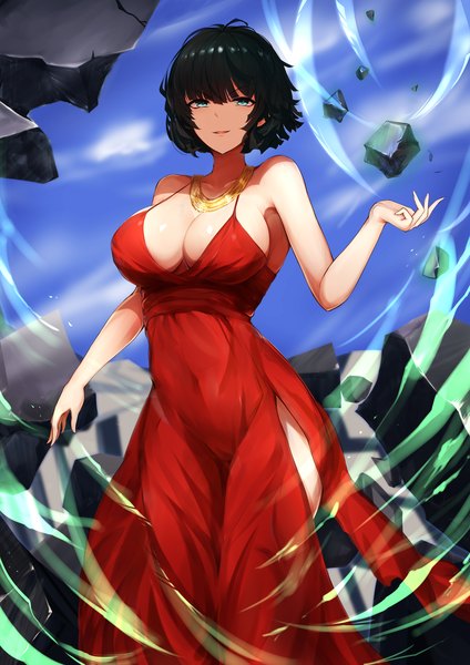 Anime picture 2480x3507 with one-punch man madhouse fubuki (one-punch man) zcheng weibing single tall image looking at viewer fringe highres short hair breasts open mouth light erotic black hair hair between eyes large breasts bare shoulders sky cleavage cloud (clouds)