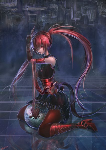 Anime picture 2894x4093 with original johnson zhuang single long hair tall image looking at viewer highres breasts blue eyes red eyes large breasts sitting twintails red hair high heels reflection checkered floor girl gloves black gloves