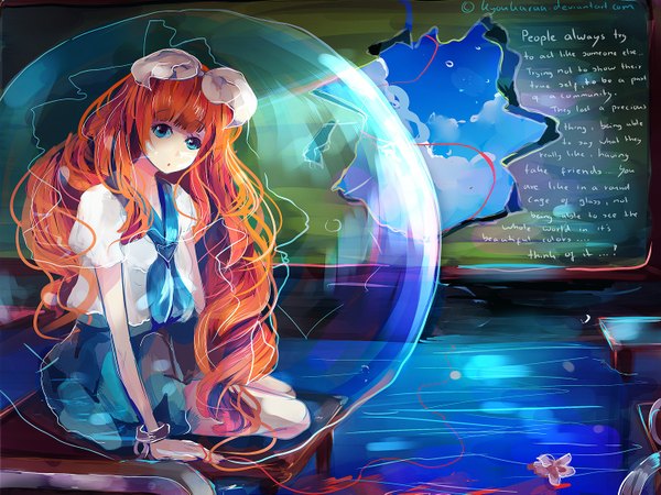 Anime picture 1500x1125 with original kyoukaraa single long hair looking at viewer open mouth blue eyes orange hair girl skirt uniform flower (flowers) school uniform water bubble (bubbles)