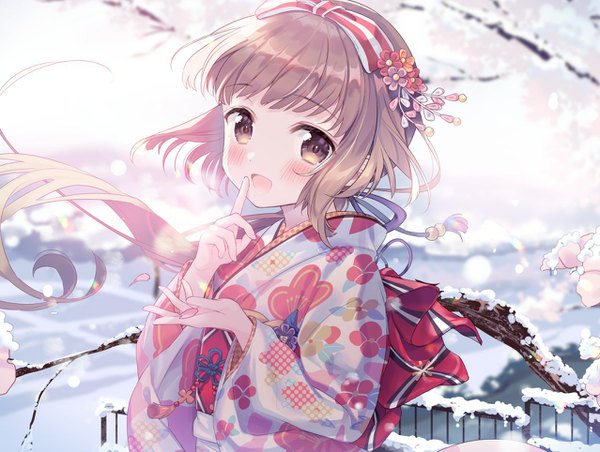 Anime picture 1278x963 with idolmaster idolmaster cinderella girls yorita yoshino kanda done single long hair looking at viewer blush fringe brown hair brown eyes upper body outdoors traditional clothes japanese clothes wind finger to mouth winter low ponytail snow