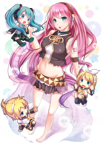 Anime picture 1024x1449 with vocaloid hatsune miku megurine luka kagamine rin kagamine len chobipero long hair tall image short hair blue eyes blonde hair twintails pink hair barefoot aqua hair group chibi girl skirt bow