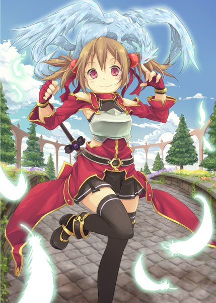 Anime-Bild 1066x1491 mit sword art online a-1 pictures silica pina (sao) hpflower (artist) tall image blush short hair smile red eyes brown hair twintails cloud (clouds) loli short twintails girl thighhighs skirt flower (flowers) ribbon (ribbons)