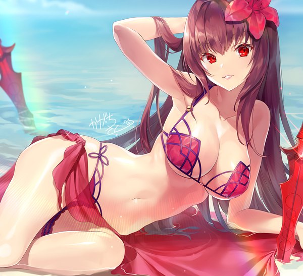 Anime picture 1000x912 with fate (series) fate/grand order scathach (fate) (all) scathach (swimsuit assassin) (fate) kagachi saku single long hair looking at viewer blush fringe breasts light erotic hair between eyes red eyes large breasts signed sky cleavage purple hair cloud (clouds)