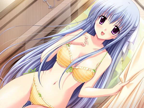 Anime picture 1024x768 with prima stella long hair light erotic purple eyes blue hair game cg underwear only underwear panties