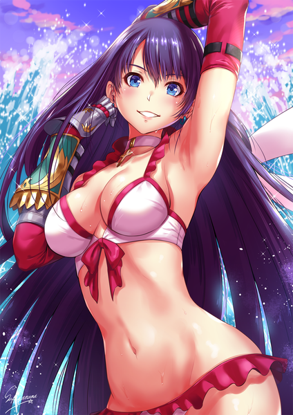 Anime picture 1000x1414 with fate (series) fate/grand order martha (fate) martha (swimsuit ruler) (fate) sakiyamama single long hair tall image looking at viewer blush fringe breasts blue eyes light erotic smile signed sky cleavage purple hair cloud (clouds)