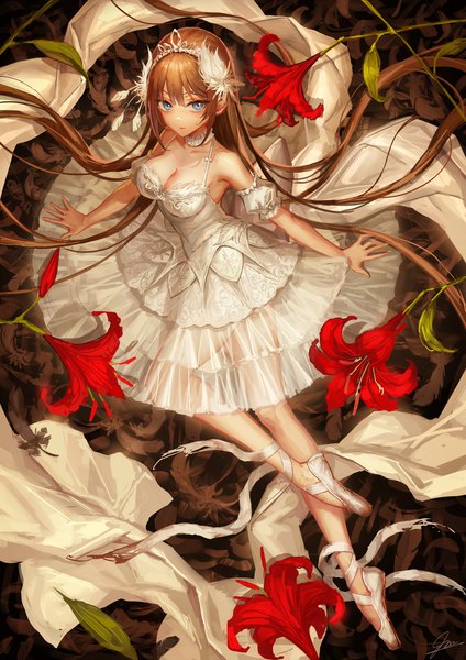 Anime picture 1414x2000 with original okuma mai single long hair tall image looking at viewer fringe breasts blue eyes brown hair bare shoulders signed payot cleavage full body from above floating hair spread arms ballerina girl
