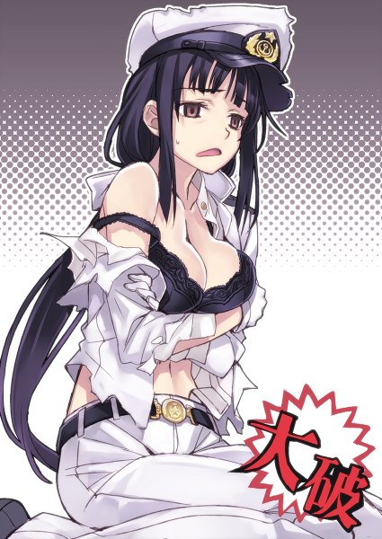 Anime picture 850x1200 with kantai collection female admiral (kantai collection) matsuryuu single long hair tall image breasts light erotic black hair brown eyes looking away torn clothes crossed arms strap slip girl gloves uniform belt lingerie white gloves