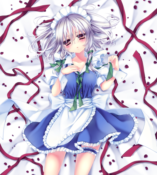 Anime picture 1500x1676 with touhou izayoi sakuya mikazuki sara single tall image blush short hair red eyes silver hair braid (braids) maid twin braids girl dress ribbon (ribbons) petals frills headdress maid headdress