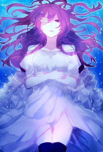 Anime picture 590x867 with happy tree friends flaky meshimaru single long hair tall image looking at viewer purple eyes purple hair lying parted lips personification girl thighhighs dress flower (flowers) black thighhighs white dress