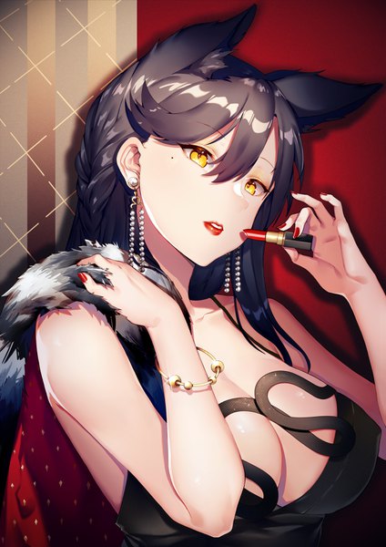 Anime picture 2480x3508 with azur lane atago (azur lane) iiiroha single long hair tall image fringe highres breasts light erotic black hair hair between eyes large breasts animal ears yellow eyes looking away cleavage upper body nail polish parted lips