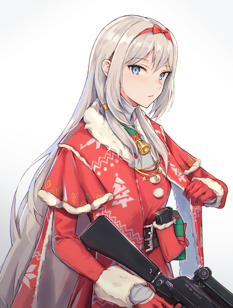 Anime-Bild 1200x1586 mit girls frontline an-94 (girls frontline) niac single long hair tall image looking at viewer blush fringe blue eyes simple background hair between eyes holding payot silver hair upper body parted lips fur trim christmas girl
