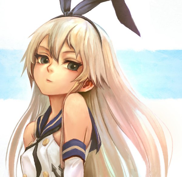 Anime picture 800x778 with kantai collection shimakaze destroyer traplus long hair looking at viewer fringe blonde hair animal ears black eyes bunny ears sleeveless fake animal ears gloves elbow gloves sailor suit