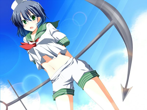 Anime picture 1000x750 with touhou murasa minamitsu sakino saku single blush short hair open mouth green eyes blue hair midriff girl navel shorts sailor suit white shorts anchor