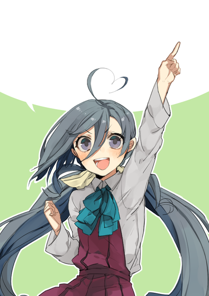 Anime picture 595x842 with kantai collection kiyoshimo destroyer hita (hitapita) single long hair tall image looking at viewer blush open mouth simple background twintails ahoge arm up grey hair grey eyes pointing girl uniform school uniform