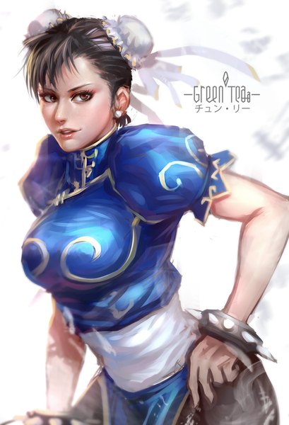 Anime picture 600x879 with street fighter capcom chun-li midori chacha tall image short hair black hair white background brown eyes signed hair bun (hair buns) chinese clothes earrings pantyhose bracelet bun cover spiked bracelet