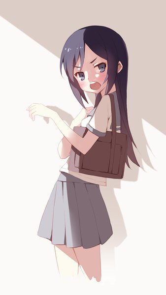 Anime picture 1062x1889 with ore no imouto ga konna ni kawaii wake ga nai aragaki ayase erolcy single long hair tall image looking at viewer blush open mouth blue eyes black hair simple background white background head tilt :d pleated skirt arm up shadow short sleeves angry