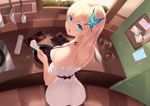 Anime picture 1920x1350 with boku wa tomodachi ga sukunai kashiwazaki sena cait single long hair looking at viewer blush fringe highres breasts open mouth blue eyes light erotic blonde hair hair between eyes holding ass looking back from above from behind