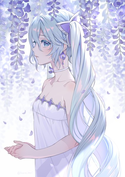 Anime picture 1000x1414 with vocaloid hatsune miku midori foo single long hair tall image looking at viewer blush fringe blue eyes hair between eyes twintails blue hair upper body profile girl dress hair ornament flower (flowers) earrings