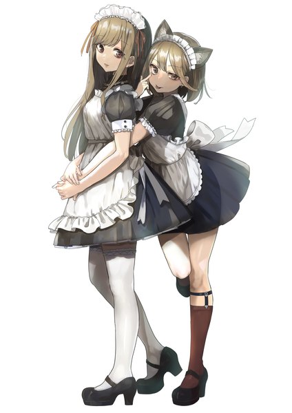 Anime picture 2893x4092 with original pomu (joynet) long hair tall image looking at viewer blush highres short hair simple background brown hair standing white background multiple girls brown eyes animal ears full body bent knee (knees) parted lips short sleeves maid