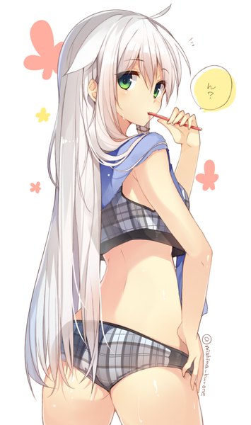 Anime picture 500x845 with original anceril sacred mishima kurone single long hair tall image fringe light erotic standing green eyes silver hair ahoge white hair looking back from behind back plaid girl swimsuit bikini