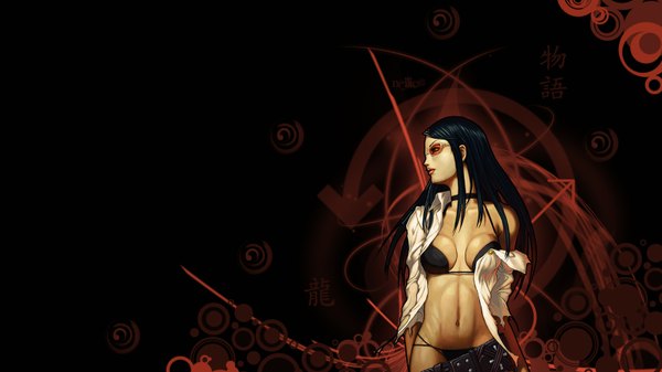Anime picture 1600x900 with original nekkeau single long hair light erotic black hair wide image looking away profile open clothes open shirt third-party edit abs girl navel swimsuit bikini shirt glasses