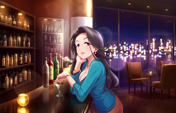 Anime picture 1280x824 with idolmaster idolmaster cinderella girls idolmaster cinderella girls starlight stage takahashi reiko annindoufu (oicon) single long hair looking at viewer black hair sitting purple eyes cleavage official art chin rest girl earrings fruit bottle cherry cocktail glass
