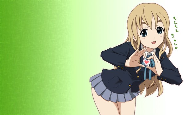 Anime picture 1280x800 with k-on! kyoto animation kotobuki tsumugi doraemono single long hair looking at viewer open mouth blue eyes simple background blonde hair wide image :d pleated skirt inscription leaning wallpaper leaning forward gradient background third-party edit