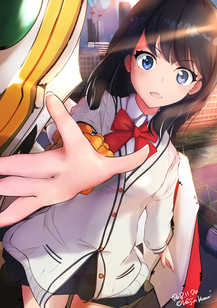 Anime picture 1300x1841 with gridman universe ssss.gridman studio trigger takarada rikka kaijinkazami single long hair tall image looking at viewer blush fringe open mouth blue eyes black hair standing signed sunlight sparkle outstretched arm sunbeam