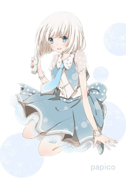 Anime picture 744x1052 with original papico (ice cream) papico hiro (hirohiro31) single tall image looking at viewer blush short hair open mouth blue eyes simple background white background sitting holding white hair girl skirt necktie bracelet
