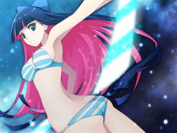 Anime picture 1000x750 with panty & stocking with garterbelt anarchy stocking hattori (junoct2000) single long hair light erotic green eyes blue hair pink hair ass multicolored hair underwear only colored inner hair girl underwear panties bow weapon hair bow sword