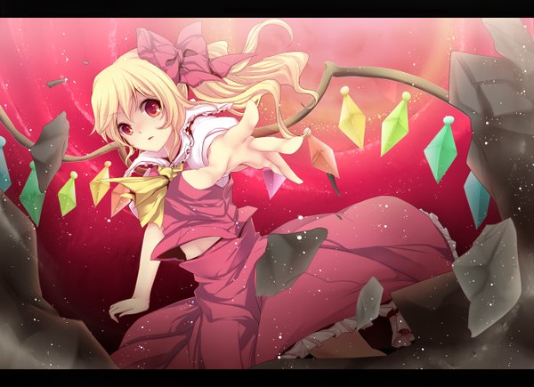 Anime picture 1379x1000 with touhou flandre scarlet rimu (kingyo origin) single long hair blonde hair red eyes destruction girl skirt bow wings skirt set