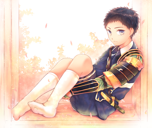 Anime picture 1900x1600 with touken ranbu nitroplus tagme (character) dasom0224 single looking at viewer highres short hair black hair sitting brown eyes full body bent knee (knees) no shoes boy uniform plant (plants) tree (trees) socks window