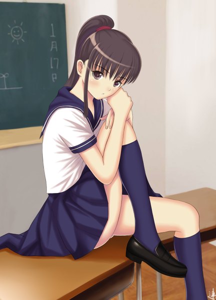 Anime picture 2125x2952 with original xiao lian single long hair tall image highres brown hair brown eyes ponytail classroom girl skirt uniform school uniform socks serafuku desk