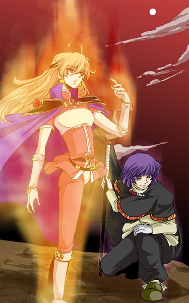 Anime picture 625x1000 with slayers j.c. staff lina inverse xelloss redblood long hair tall image short hair breasts standing holding looking away ahoge parted lips lips glowing aura girl boy gloves