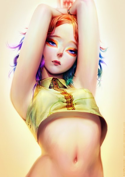 Anime picture 707x1000 with original maria menshikova single tall image looking at viewer short hair simple background purple eyes multicolored hair arms up bare belly armpit (armpits) midriff eyeshadow girl navel bracelet