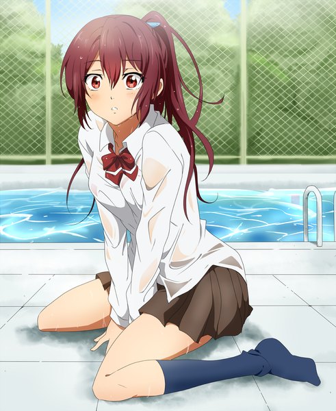 Anime picture 1400x1710 with free! kyoto animation matsuoka gou rumia (compacthuman) long hair tall image blush fringe breasts brown hair brown eyes sky ponytail :o wet girl skirt uniform plant (plants) school uniform