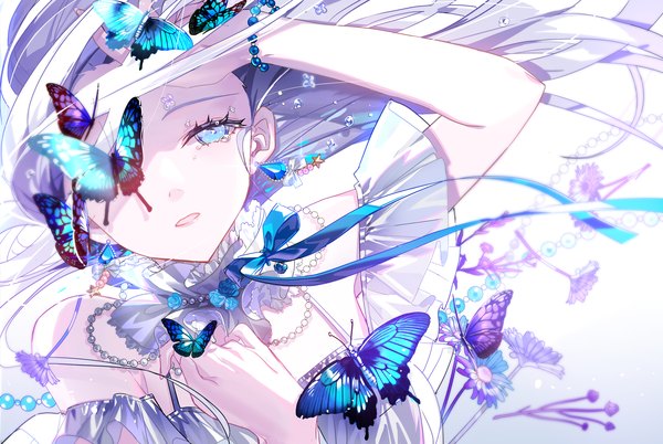 Anime picture 2150x1440 with original mona0101 single long hair looking at viewer highres blue eyes silver hair upper body wind tears covering eye (eyes) girl flower (flowers) earrings insect butterfly beads