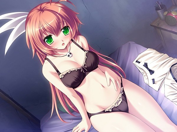 Anime picture 1024x768 with ouka sengoku! oda nobunaga (ouka sengoku) long hair blush light erotic green eyes game cg red hair underwear only girl underwear panties