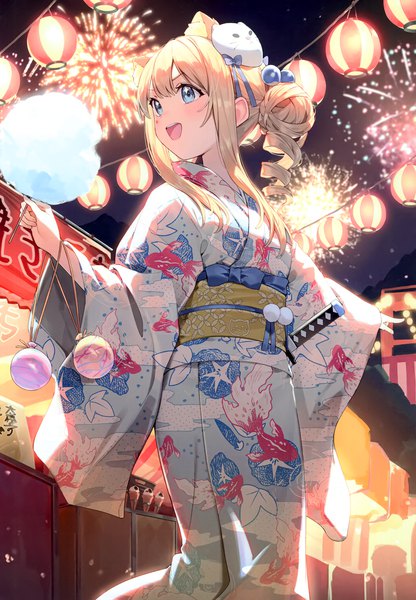 Anime-Bild 2414x3481 mit original nyum single tall image blush fringe highres short hair open mouth blue eyes blonde hair smile standing holding animal ears payot looking away outdoors traditional clothes :d