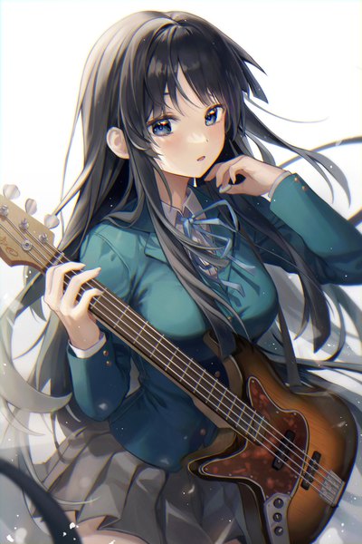 Anime picture 2000x3000 with k-on! kyoto animation akiyama mio aibek single long hair tall image looking at viewer blush fringe highres open mouth blue eyes black hair simple background standing white background holding long sleeves pleated skirt