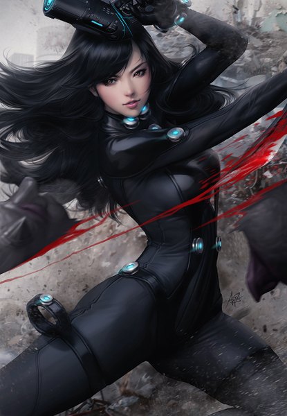 Anime picture 900x1300 with gantz gonzo shimohira reika artgerm (stanley lau) single long hair tall image fringe black hair holding brown eyes signed looking away parted lips horn (horns) light smile lips realistic lipstick pink lipstick