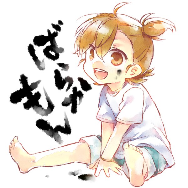 Anime picture 800x800 with barakamon kotoishi naru kurisu sai single short hair open mouth brown hair white background sitting brown eyes looking away ahoge barefoot inscription one side up hieroglyph girl shorts bracelet child (children)