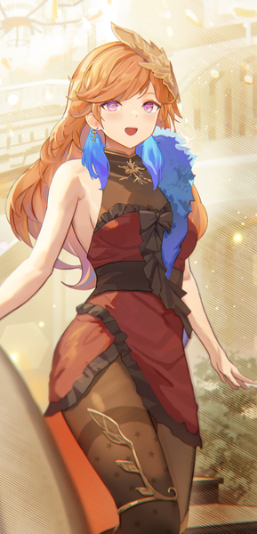 Anime picture 1203x2495 with virtual youtuber hololive hololive english takanashi kiara san ke yue shi single long hair tall image looking at viewer blush fringe breasts open mouth light erotic standing purple eyes bare shoulders indoors :d orange hair
