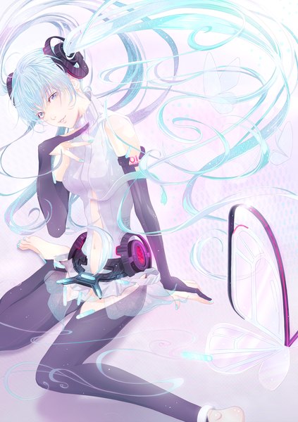 Anime picture 1748x2480 with vocaloid vocaloid append hatsune miku hatsune miku (append) meroro single long hair tall image blush highres blue eyes sitting twintails bare shoulders nail polish barefoot aqua hair tattoo girl gloves